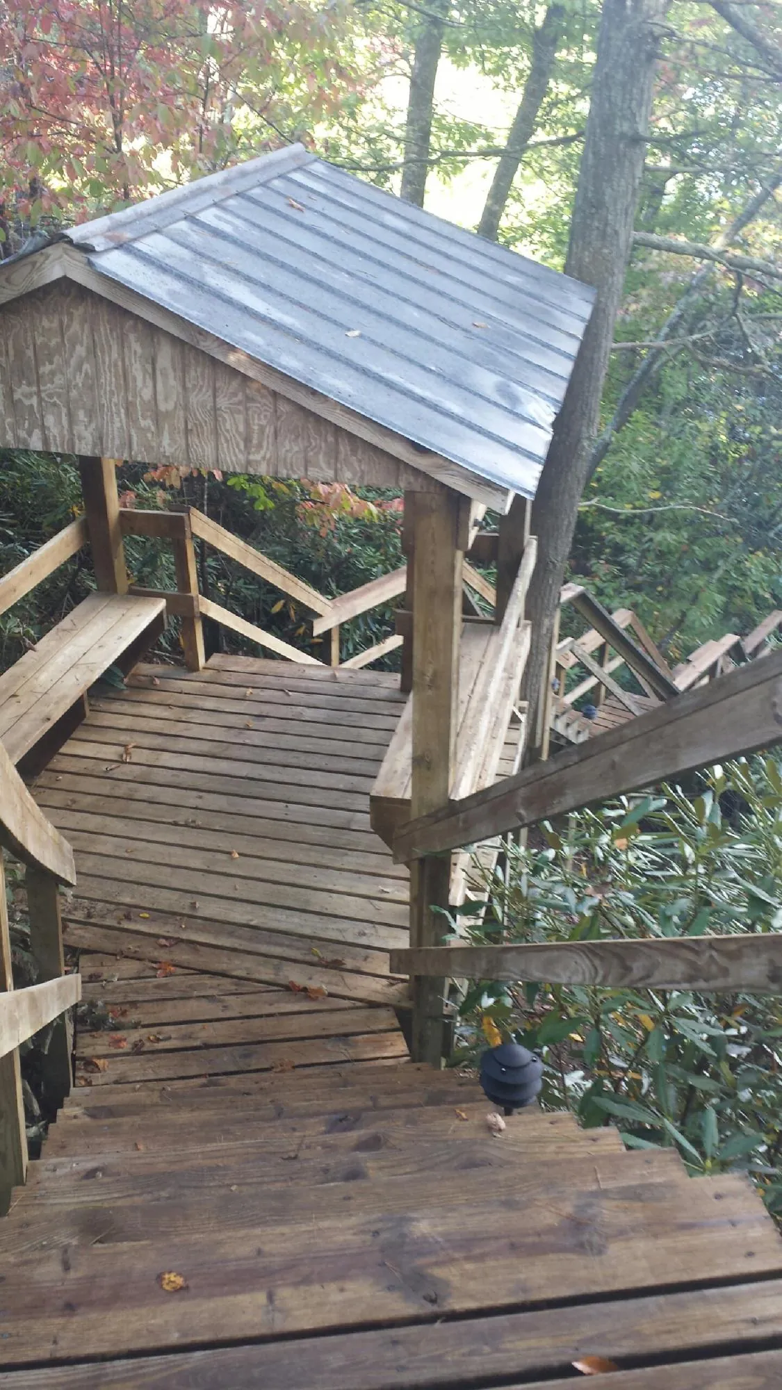 Metal roofed shelter over wooden steps on a wooded walkway — Skylight Repair & Installation work by our crew in Knightsen